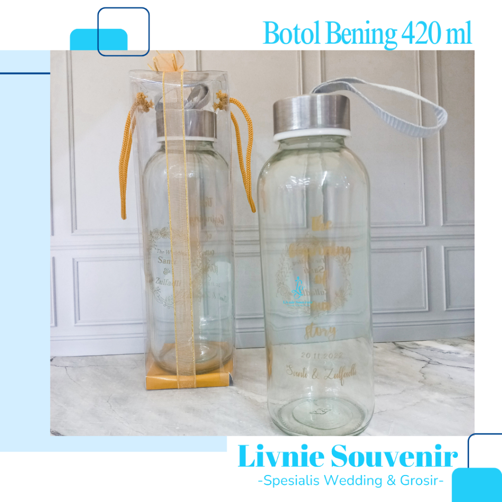 Souvenir Botol Tumbler Bening 420ml Kemasan Mika Pita