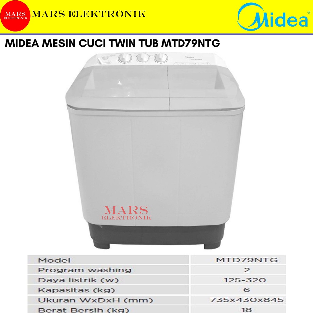 MESIN CUCI MIDEA MTD-79NTG -  KAPASITAS 7KG - MTD 79 NTG - 2 TABUNG - BUKAAN ATAS - READY