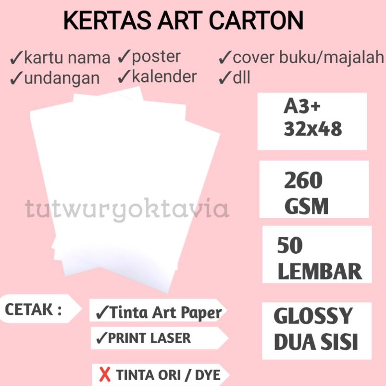 

KODE DLW9E kertas art carton tebal 26 GSM ukuran A3 plus 32x48 cm isi 5 lembar