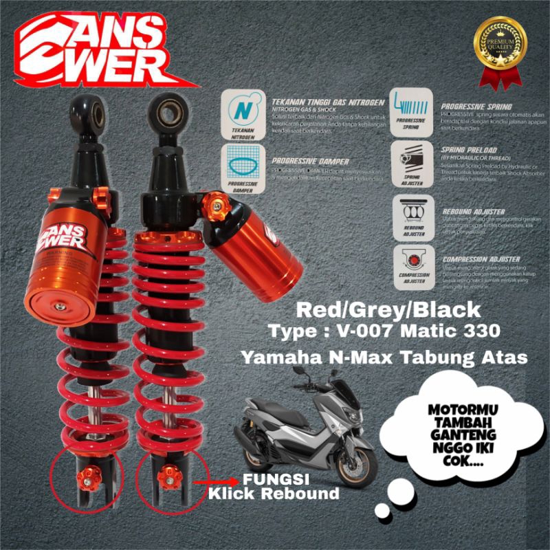 Shock Belakang Nmax Tabung Miring Type V-007 330 ANSWER warna Red,Grey,White