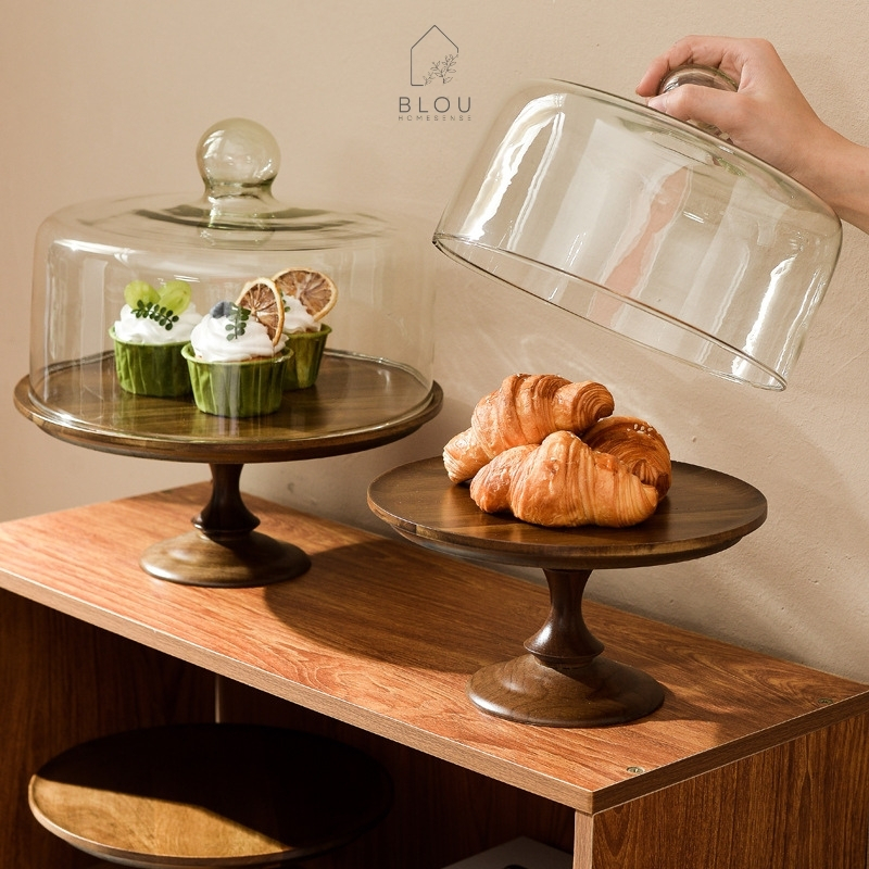 Blou Wadah Kayu dengan Tutup Kaca Acacia Wood Cake Plate Lead-free Glass Cover Dust-proof Bread Dess