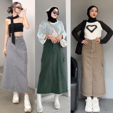 KODE J9G Rok Span Kimpul Wanita Highwaist Rok Cargo Jeans Warna Hijau Tua Light Grey