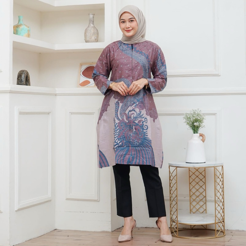 Couple batik tunik Dan kemeja batik pria lengan panjang fan lengan pendek warna salem / peach