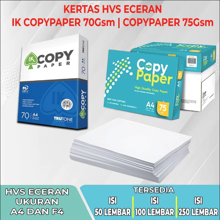 

Kertas COPY PAPER - IK COPYPAPER HVS 70 & 75 Gsm ECERAN A4 & F4 Tersedia 50 Lembar