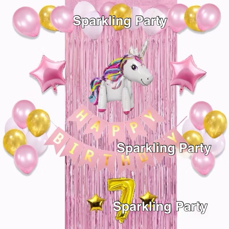 Paket dekorasi ulang tahun anak tirai tema unicorn pink