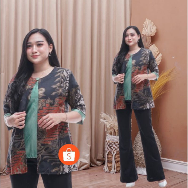 Blus Batik Terbaru Vintage Ibu Kantoran Modern Lengan 3/4 M L XL XXL Bisa Seragam