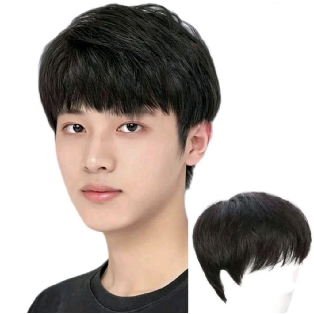 Wig pria baru wig rambut lurus pendek gaya Korea poni tampan