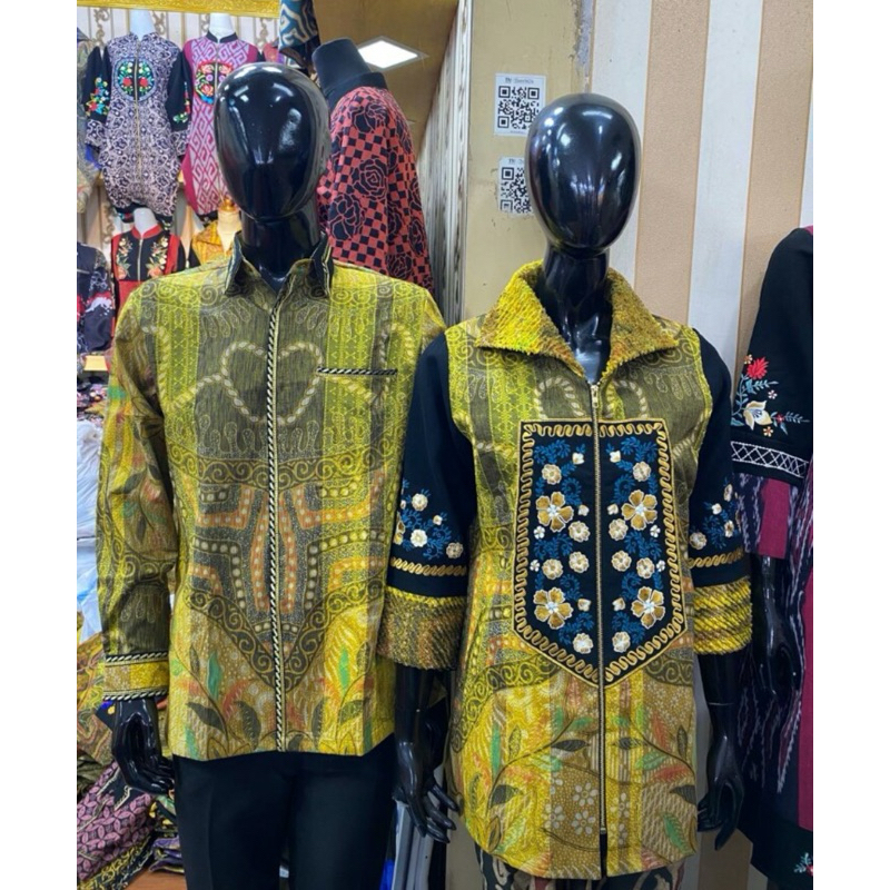COUPLE BATIK ATASAN WANITA BAHAN TENUN COMBINASI JAITAN BORDIR DAN KEMEJA PRIA LENGAN PANJANG BAHAN 