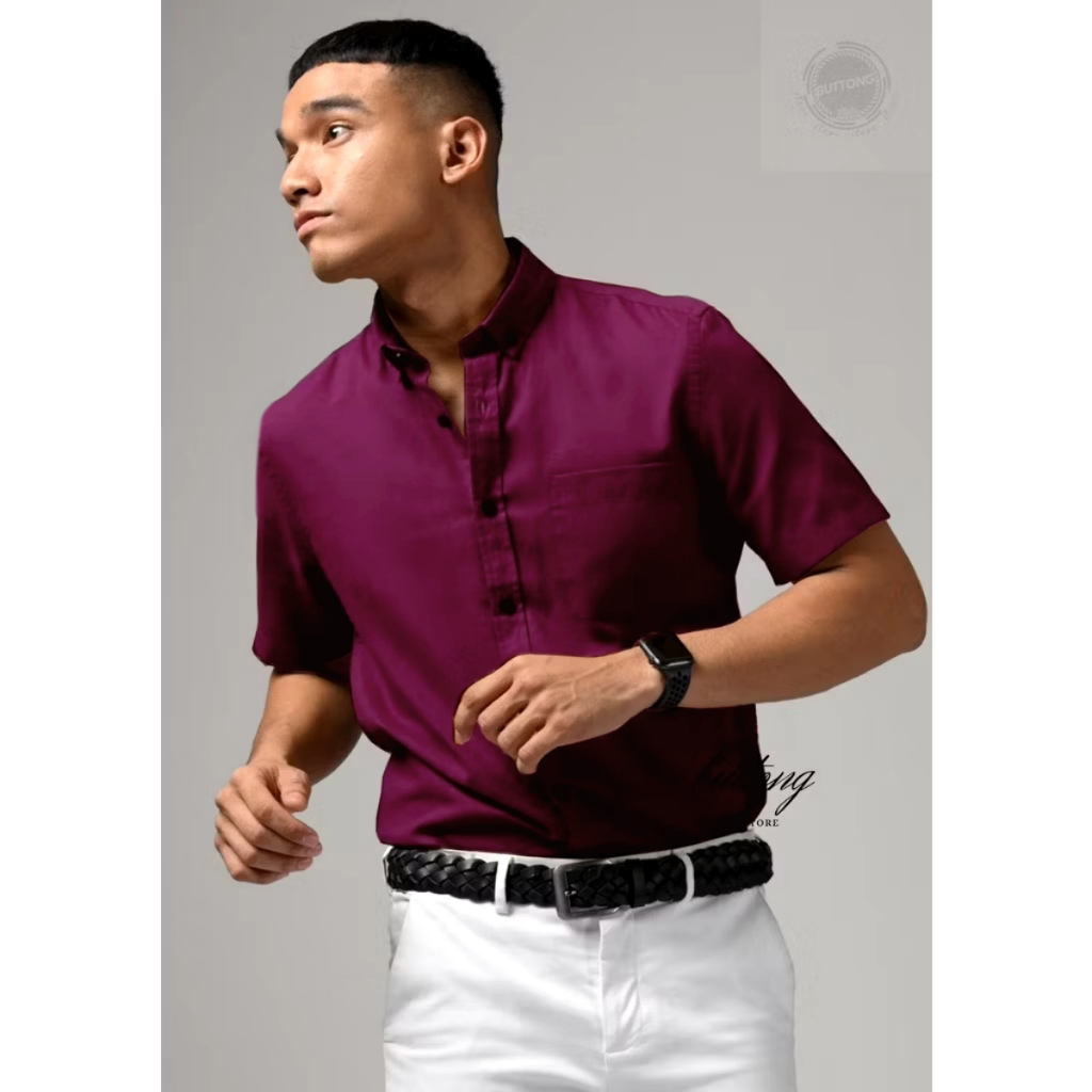 KEMEJA POLOS PRIA LENGAN PENDEK WARNA MERAH BURGUNDY | UNGU TUA