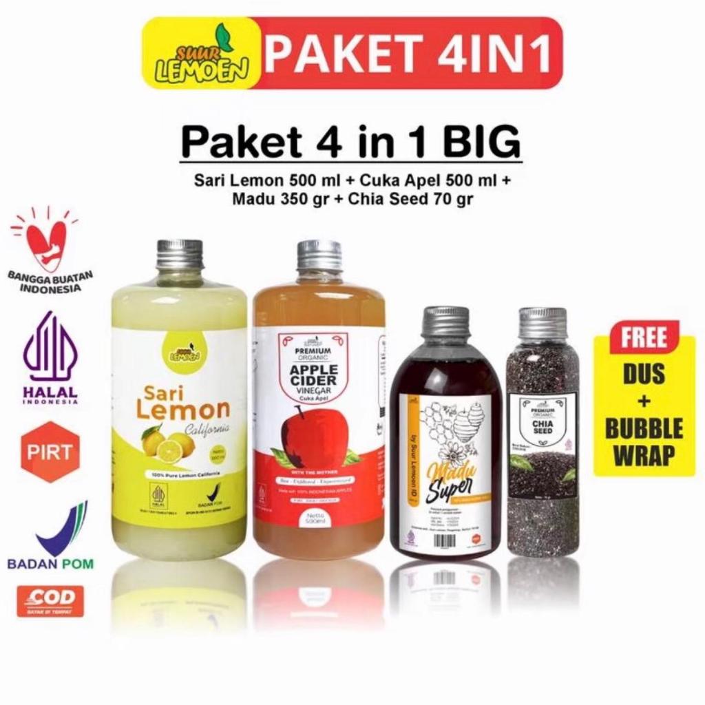 

SUUR LEMOEN Paket 4 in 1 Cuka apel 500 ML Sari Lemon 500 ML Madu Hutan 350 ML Chia Seeds 70 Gr - By Aleska Store ID