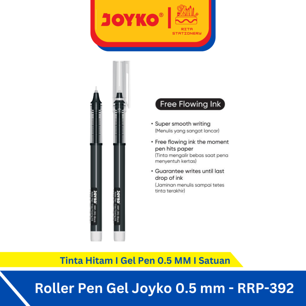 

Joyko Pulpen Roller Pen Gel Hitam Free Flowing Ink 0.5 mm Satuan - RRP-392