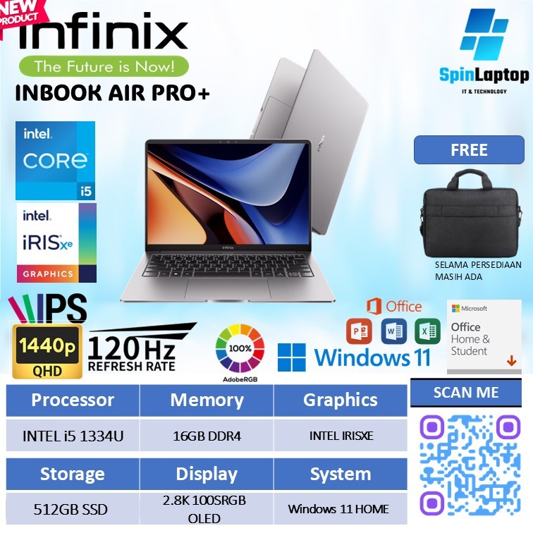Laptop infinix inbook Air PRO+ Oled Core i5 1334u 16gb /512gb layar 120Hz windows 11 +Office