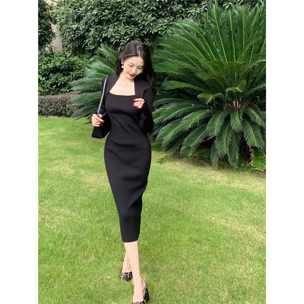 Dress Korean Style Lengan Panjang Wanita - Dress Square Neck Bodycon - Korean Midi Dress Wanita 6049