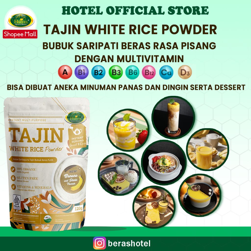 

HOTEL Tajin White Rice Powder Banana Flavour - Susu Bubuk Saripati Beras Rasa Pisang + Multivitamin - Multivitamin Milk Rice - Minuman Sereal Tajin