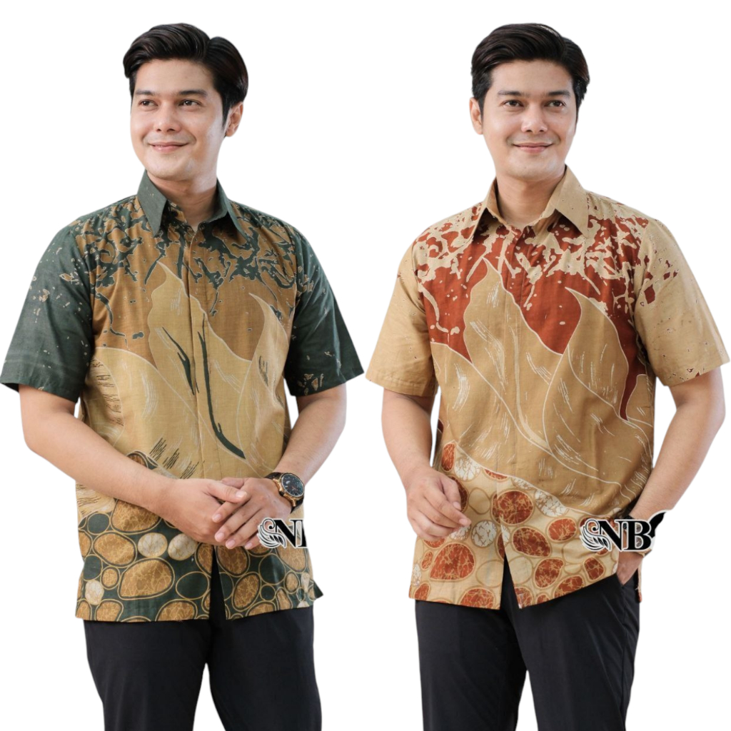 Kemeja Batik Pria Lengan Pendek Bahan kain Katun Motif Batu Hijau