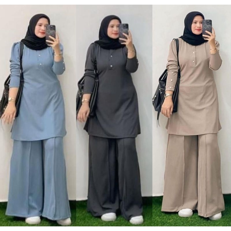 SET CELANA KNIT kulot Kombi tunik import One set cel pant scuba import /set celana kemeja Polka salu