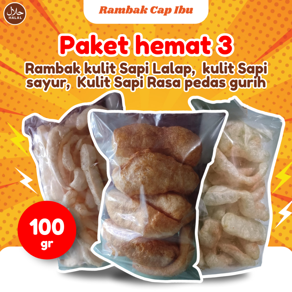 

Paket Hemat 3pcs Rambak Kulit Sapi Lalap Sayur dan Rasa Pedas Gurih 100gr Cap Ibu Camilan Enak