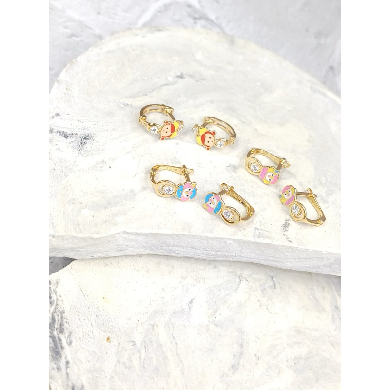 Anting Jepit anak enamel karakter boneka, Emas Asli 8K