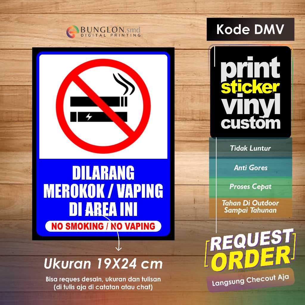 

STIKER DILARANG MEROKOK ATAU VAPING DI AREA INI + LAMINASI KODE DMV BIRU TUA