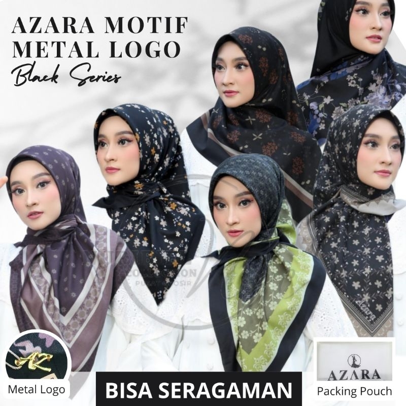 (KODE B) SEGIEMPAT SERI HITAM AZARA POUCH METAL LOGO Hijab Segiempat Voal Motif Black Edition Azara 
