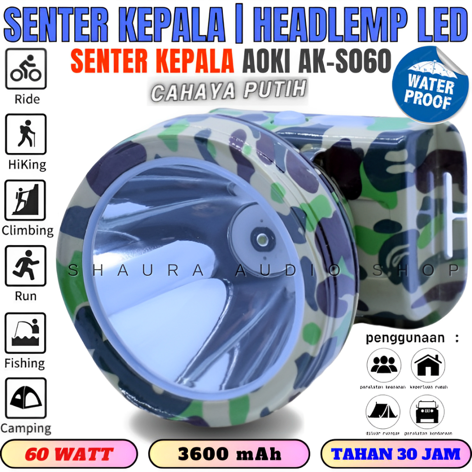 Headlamp / Senter Kepala Diving Motif Army Aoki Ak-S060 60w 60 Watt Super Led Baterai Lithium 3600ma