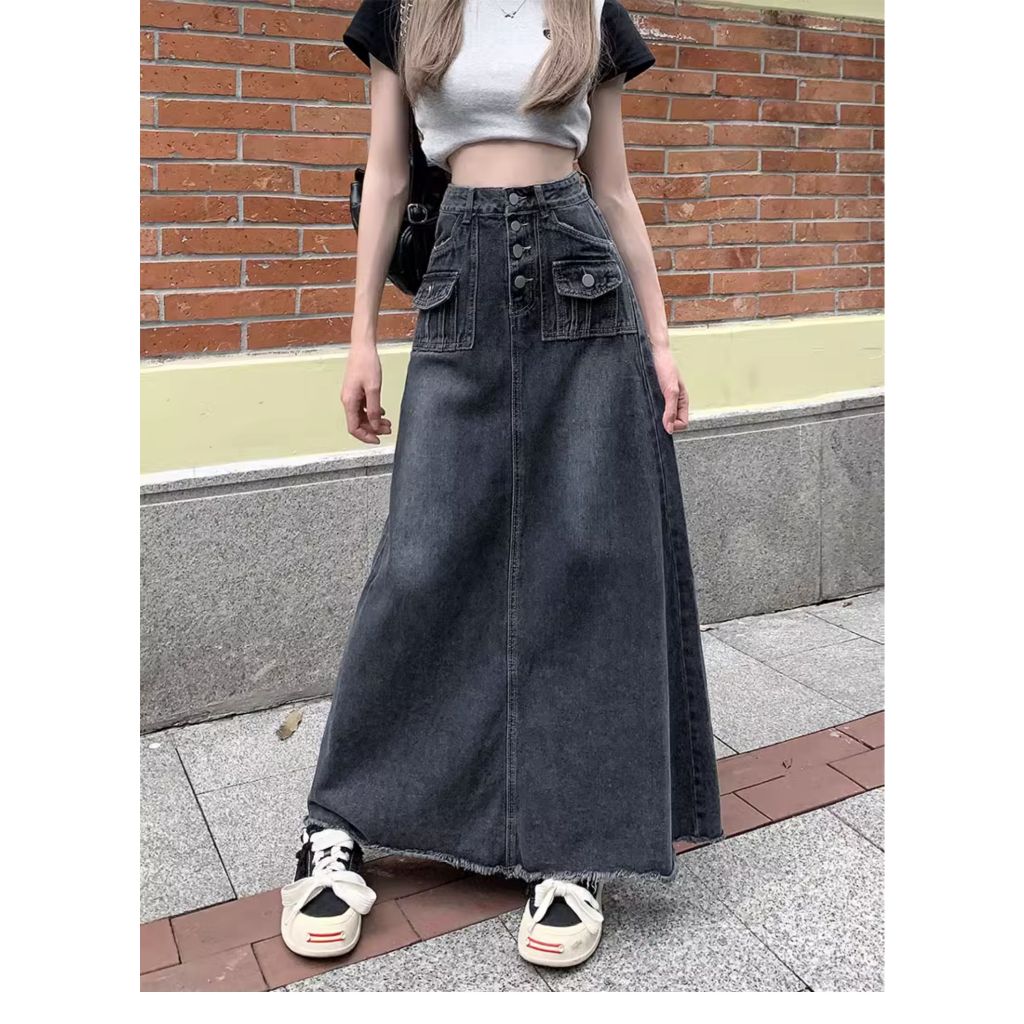XIAOZHAINV rok jeans wanita korea style rok panjang jeans high waist rok levis wanita kekinian