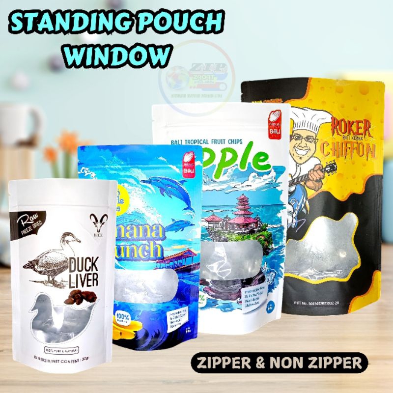 Kemasan Standing Pouch Window Custom Pakai Zipper Dan Non Zipper