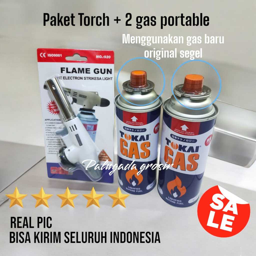 paket gas torch dan 2 gas portable / gas set portable praktis / pemantik api flame gun set