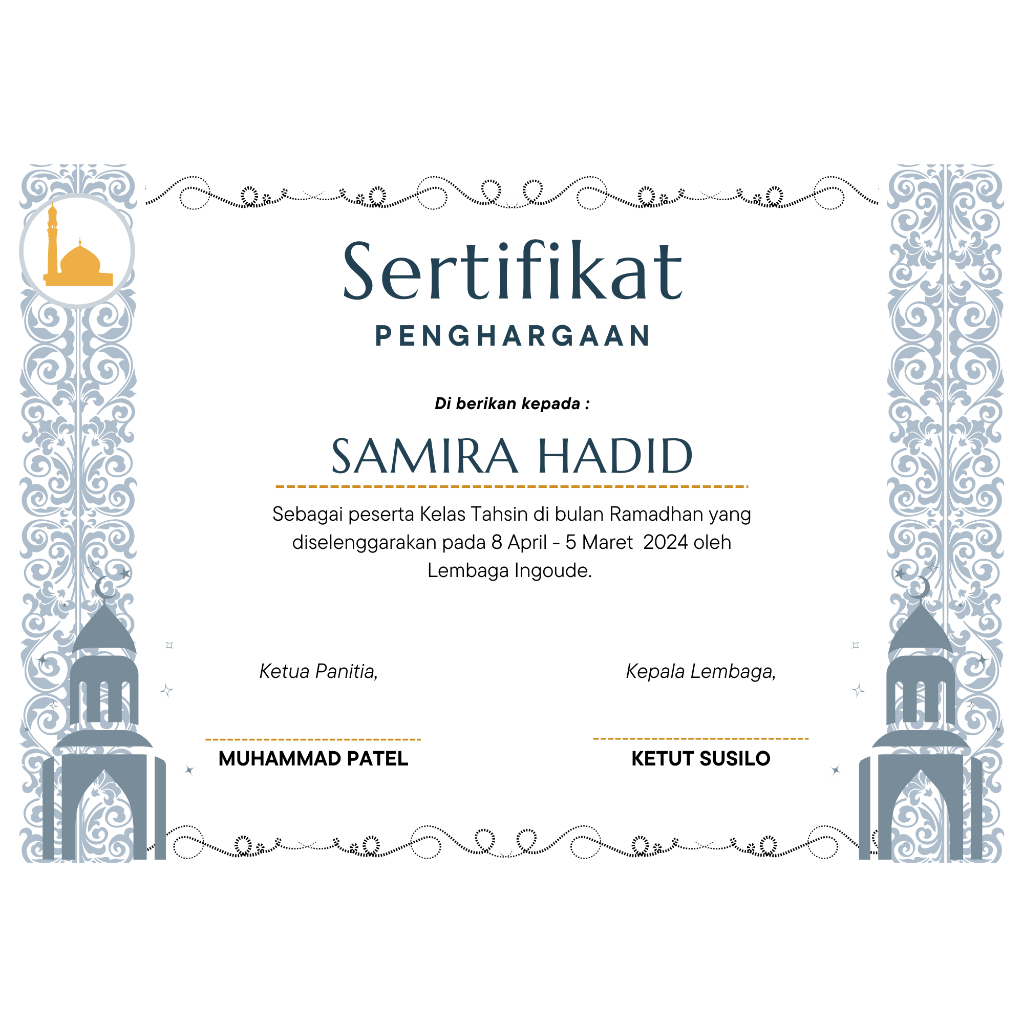 

CETAK/COSTUM NAMA SERTIFIKAT/PIAGAM PERLOMBAAN ISLAMI KEAGAMAAN UKURAN A4 20x30
