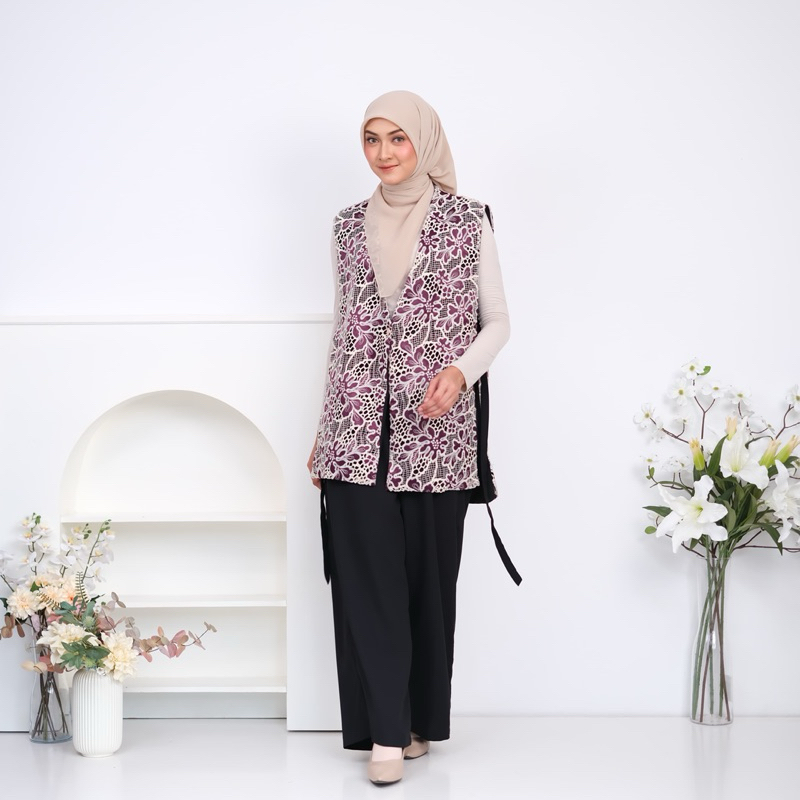 Al- Hijra Blossom Summer Short Vest Rompi Wanita Brokat Motif Bunga Batik  Outer Pendek Cewek Muslim