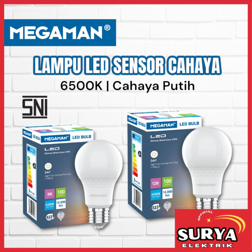 Bohlam Lampu LED MEGAMAN LIGHT SENSOR Cahaya A-Bulb 9W / 12W Watt CDL Cool Daylight E27 SNI