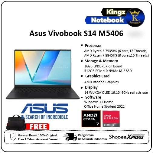 Asus Vivobook S 14 M5406 OLED Ryzen 7 8845HS 16GB 1TB Win11+OHS 14" WUXGA