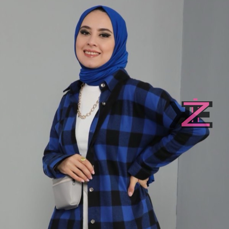 Kinze Mall Flanel Style Kotak Biru Wanita Lengan Panjang Kekinian