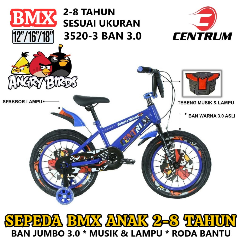 Sepeda BMX Anak Centrum CT3520 3.0 4ngry 8irds Ban Jumbo 12 16 18 Inch x 3.0 Inch 2-8 Tahun Hi-Ten S