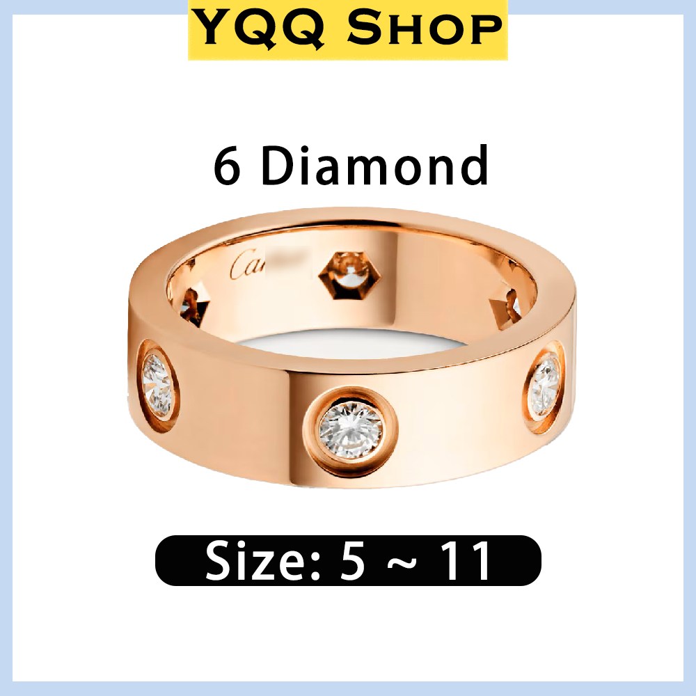 YQQ | LOVE cincin titanium wanita 6 Diamond couple pasangan emas ring