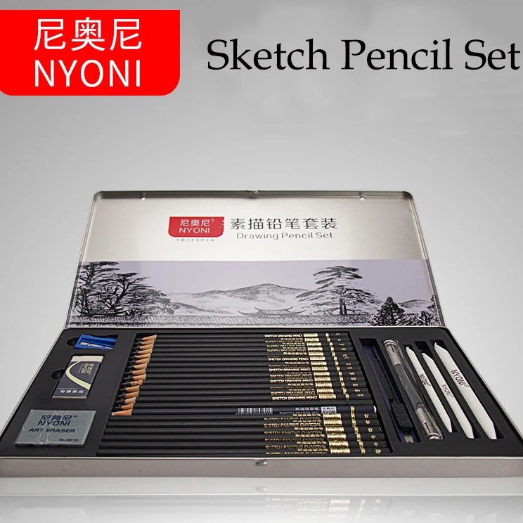 

Pasti Ada NYONI Drawing Pencil Gambar Set 29 pcs Metal Tin Box Pensil Gambar Lukis Sketsa Lengkap Paket