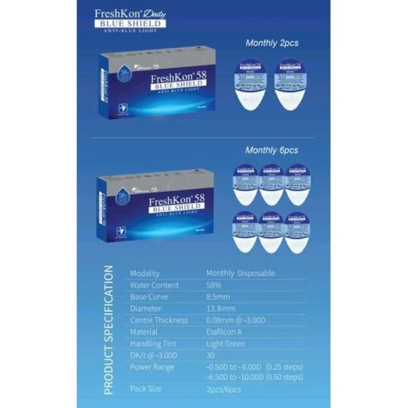 SOFTLENS BENING FRESHKON 58 BLUE SHIELD ( ANTI BLUE LIGHT ) Minus -0.50 sd -10.00