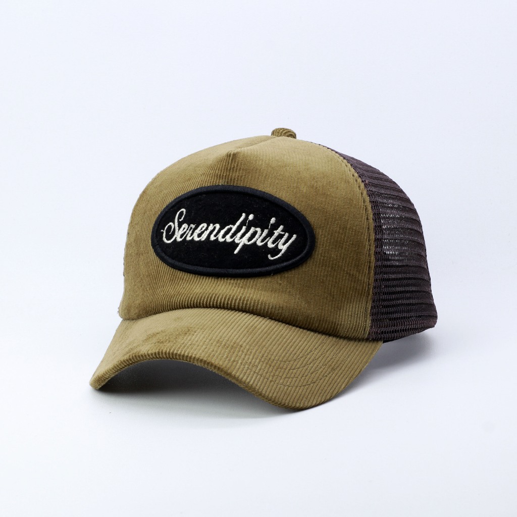 TOPI JARING TRUCKER HAT LIDAH PENDEK BAHAN CORDUROY WARNA DARK BROWN VISOR PENDEK SERENDIPITY