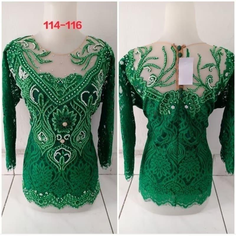 Kebaya jadi semiprancis ,berpuring dan berpayet ld 114-116 warna hijau botol
