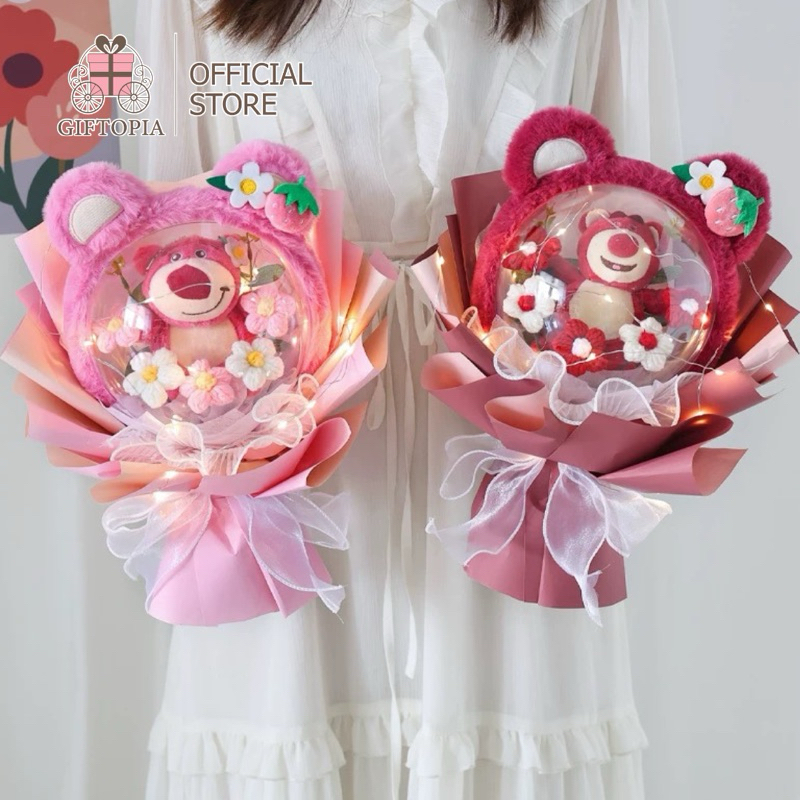 GIFTOPIA READYSTOCK Buket Lotso Boneka Beruang Stoberi Balon Bunga lampu LED Strawberry Lucu Hadiah 