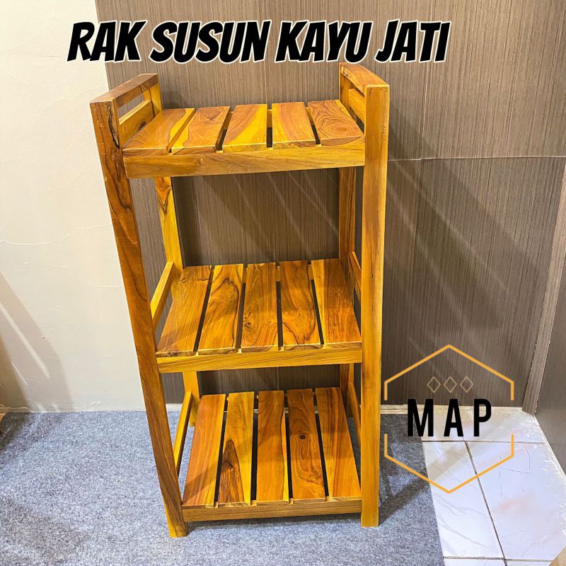 RAK MEGICOM, RAK DISPENSER 3 TINGKAT KAYU JATI PLITUR | kayu jati | rak susun kayu jati