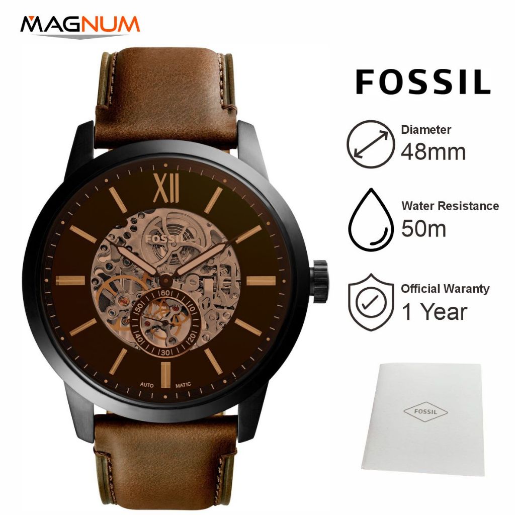 Jam Tangan Pria Fos sil Townsman ME3155 Automatic Black Skeleton Dial Brown Leather Strap