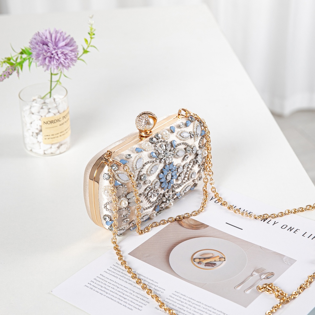 Tas kondangan wanita import / Clutch dmopet pesta unik mewah elegan / Tas Tangan Kulit Perak dengan 