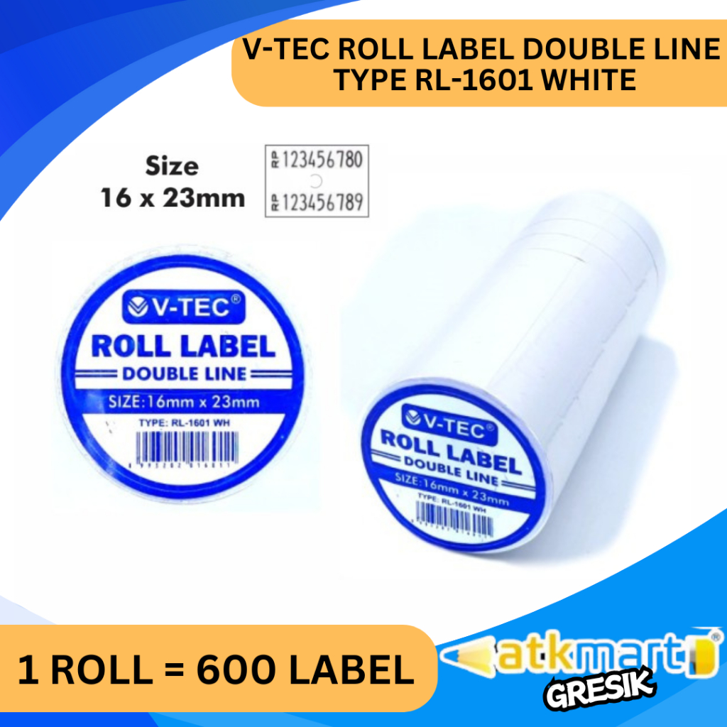 

V TEC ROLL LABEL DOUBLE LINE TYPE RL-1601 / REFFIL ROLL LABEL TEMBAK / LABEL HARGA PUTIH GARIS GANDA