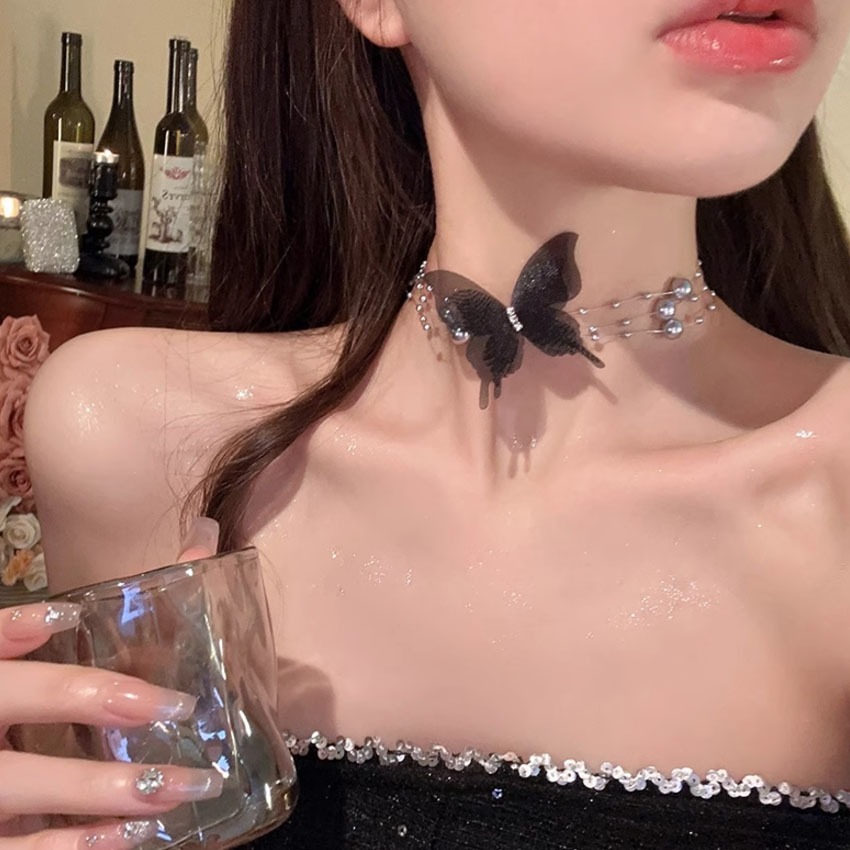 Kalung choker mutiara kalung fashion mutiara kupu kupu hitam 707