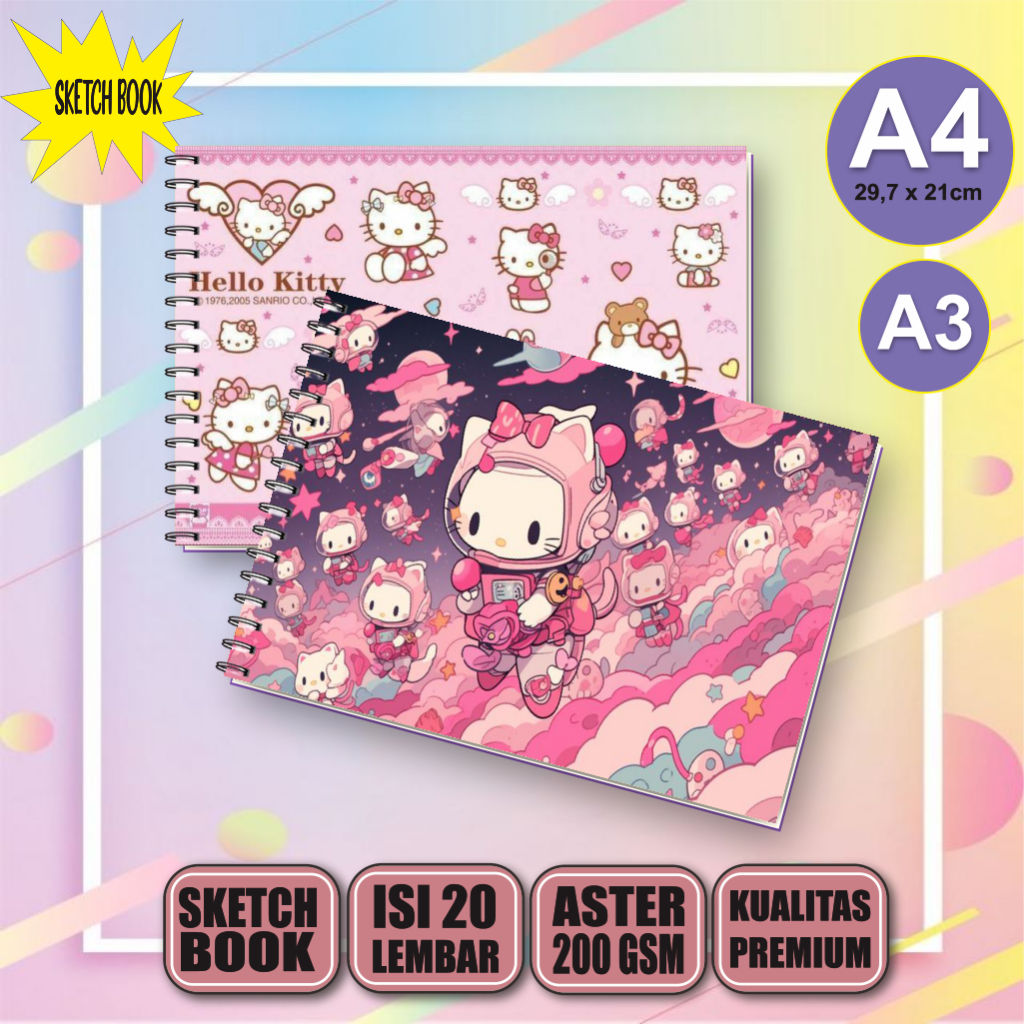 Buku Gambar Vertikal Jilid Spiral A4/a3 Sketchbook Hello Kitty, 20 Lembar/40 Halaman, 200gsm