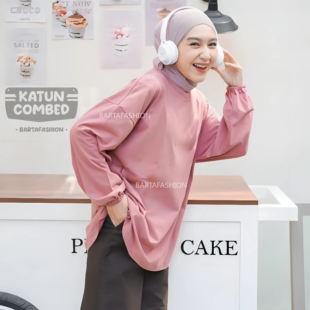 Kaos Wanita Moon Busui Oversize Katun Blouse Polos Lengan Panjang Balon Jumbo