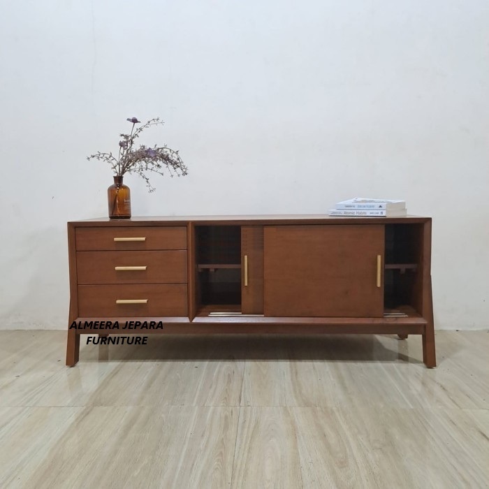 Meja tv credenza minimalis pintu 2 sliding laci 3 kayu jati Bufet tv cabinet tv minimalis credenza j