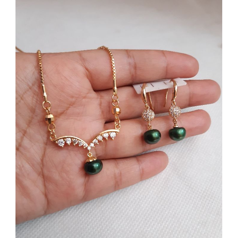 SET KALUNG CINCIN MUTIARA AIR TAWAR LOMBOK ASLI RHODIUM ANTING GANTUNG PEARL