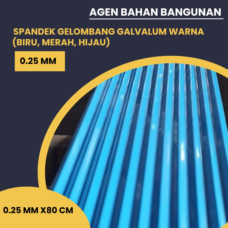 Seng Galvalum Gelombang Warna (Biru, Merah, Hijau), Tebal 0.25mm, Lebar 80cm